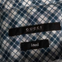 Pre Owned Gucci Blue Dupplin Checked Cotton Front Button Fitted Shirt M