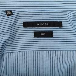مملوكة مسبقًا Gucci Blue Striped Cotton Logo Embroidered Detail Slim Fit Shirt M
