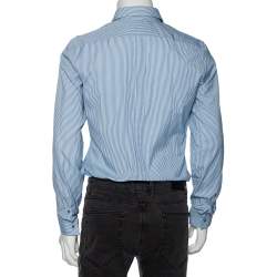 مملوكة مسبقًا Gucci Blue Striped Cotton Logo Embroidered Detail Slim Fit Shirt M
