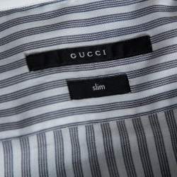 Pre Owned Gucci Grey Striped Cotton Pocket Logo Detail Button Front Shirt M