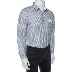 Pre Owned Gucci Grey Striped Cotton Pocket Logo Detail Button Front Shirt M