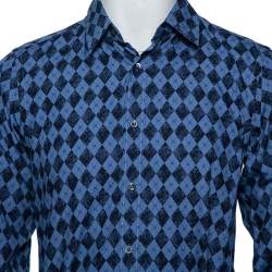 Gucci Blue Cotton Argyle Logo Monogram Button Front Fitted Shirt M 