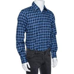 Gucci Blue Cotton Argyle Logo Monogram Button Front Fitted Shirt M 
