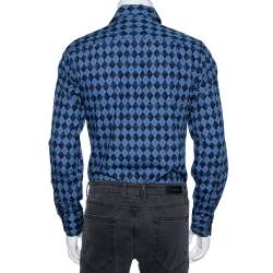 Gucci Blue Cotton Argyle Logo Monogram Button Front Fitted Shirt M 