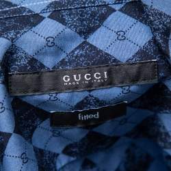Gucci Blue Cotton Argyle Logo Monogram Button Front Fitted Shirt M 