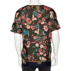 Gucci Olive Green Floral Printed Silk Frayed Hem Detailed T-Shirt L 