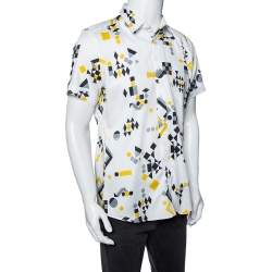 مملوكة مسبقًا Gucci White Geometric Print Cotton Button Front Short Sleeve Shirt L