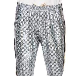 مملوكة مسبقًا Gucci Laminated Sparkling Monogram Jersey Web Stripe Trim Detail Joggers L