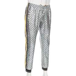 مملوكة مسبقًا Gucci Laminated Sparkling Monogram Jersey Web Stripe Trim Detail Joggers L