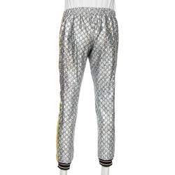 مملوكة مسبقًا Gucci Laminated Sparkling Monogram Jersey Web Stripe Trim Detail Joggers L