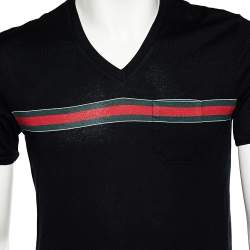 Gucci Black Cotton  Web Stripe Detail V-Neck T-Shirt M