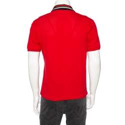 Gucci Red Cotton Pique Web Stripe & Feline Applique Detailed Collar Polo T-Shirt M