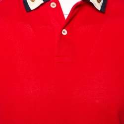 Gucci Red Cotton Pique Web Stripe & Feline Applique Detailed Collar Polo T-Shirt M