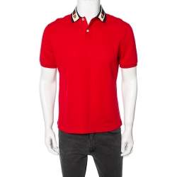 Gucci Red Cotton Pique Web Stripe & Feline Applique Detailed Collar Polo T-Shirt M