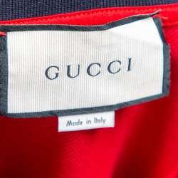 Gucci Red Cotton Pique Web Stripe & Feline Applique Detailed Collar Polo T-Shirt M