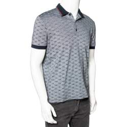 Gucci Navy Blue and White Monogram Jacquard Knit Polo T-Shirt XL