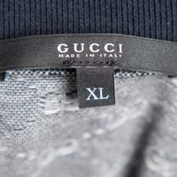 مملوكة مسبقًا Gucci Navy Blue and White Monogram Jacquard Knit Polo T-Shirt XL