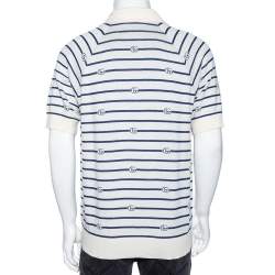Pre Owned Gucci Cream & Blue GG Striped Knit Pocket Detailed Short Sleeve Polo T Shirt XL