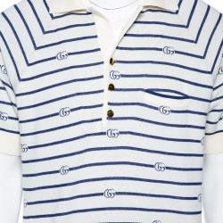 Pre Owned Gucci Cream & Blue GG Striped Knit Pocket Detailed Short Sleeve Polo T Shirt XL