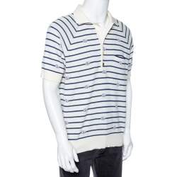 Pre Owned Gucci Cream & Blue GG Striped Knit Pocket Detailed Short Sleeve Polo T Shirt XL