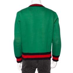 Pre Owned Gucci Green Neoprene Snake Print Contrast Knit Trim Sweater M