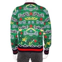 Pre Owned بلوفر غوتشي صوف جاكار أخضر حواف متباينة رقبة مستديرة مقاس كبير - لارج