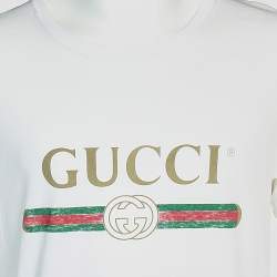 Pre Owned Gucci White Logo Printed Cotton Distressed T-Shirt S