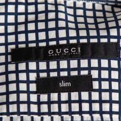 Gucci Blue Logo Checked Cotton Slim Fit Shirt S