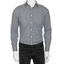 Gucci Blue Logo Checked Cotton Slim Fit Shirt S