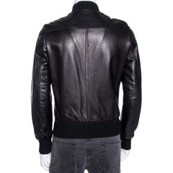 Gucci Black Leather & Rib Knit Trimmed Button Front Jacket S