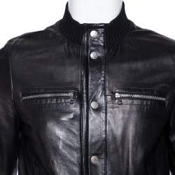 Gucci Black Leather & Rib Knit Trimmed Button Front Jacket S