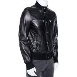 Gucci Black Leather & Rib Knit Trimmed Button Front Jacket S