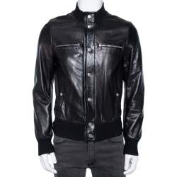 Gucci Black Leather & Rib Knit Trimmed Button Front Jacket S