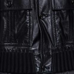 Gucci Vintage Black Leather & Rib Knit Trimmed Button Front Jacket S