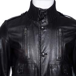 Gucci Vintage Black Leather & Rib Knit Trimmed Button Front Jacket S