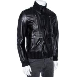 Gucci Vintage Black Leather & Rib Knit Trimmed Button Front Jacket S
