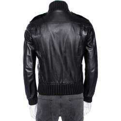 Gucci Vintage Black Leather & Rib Knit Trimmed Button Front Jacket S
