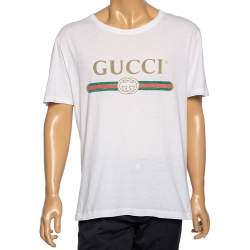 Pre Owned Gucci White Logo Printed Cotton Short Sleeve T-Shirt L