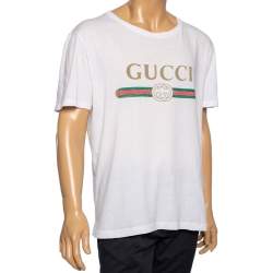 Pre Owned Gucci White Logo Printed Cotton Short Sleeve T-Shirt L