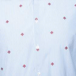 Pre Owned Gucci Blue Striped Bee Embroidered Cotton Cambridge Button Front Shirt M