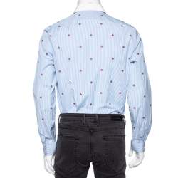 Pre Owned Gucci Blue Striped Bee Embroidered Cotton Cambridge Button Front Shirt M