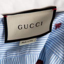 Pre Owned Gucci Blue Striped Bee Embroidered Cotton Cambridge Button Front Shirt M