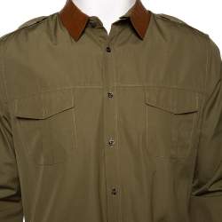 مملوكة مسبقًا Gucci Green Cotton & Leather Trim Collared Duke Fit Military Shirt XL