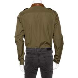 مملوكة مسبقًا Gucci Green Cotton & Leather Trim Collared Duke Fit Military Shirt XL