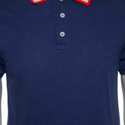 Gucci Blue Cotton Pique Web Stripe Logo Trimmed Polo T-Shirt L