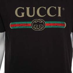 Gucci Black Logo Print Washed Cotton Distressed Effect T-Shirt M