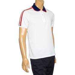 Gucci White Cotton Pique Contrast Collar Logo Strip Detail Polo T-Shirt L