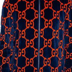 Gucci Navy Blue & Orange Monogram Chenille Zip Front Jacket L