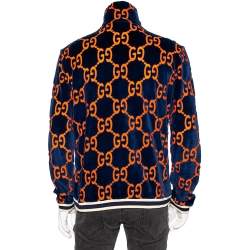 Gucci Navy Blue & Orange Monogram Chenille Zip Front Jacket L
