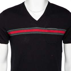 Gucci Black Cotton Knit Web Stripe Detail V-Neck t-Shirt L